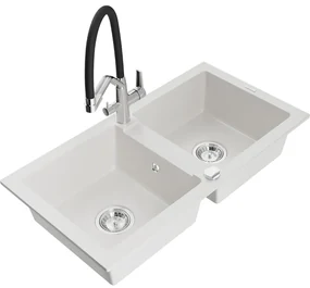 Mexen Mario, granitový drez 820x436x161 mm, 2-komorový a drezová batéria Duo, biela, 6504-20-671701-07