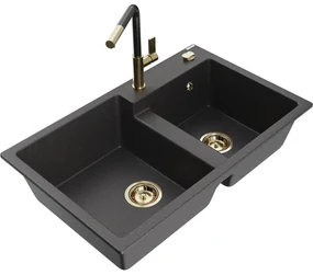 Mexen Tomas, 2-komorový granitový drez 800x500x190 mm a drezová batéria Flora, čierna škvrnitá, 6516-76-670401-75-G