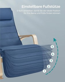 Hojdacie kreslo s podrúčkami z brezového dreva, nastaviteľná opierka nôh, modrá