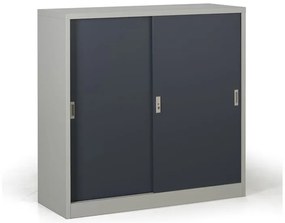 Kovová skriňa s posuvnými dverami, 2 police, 1200 x 1200 x 450 mm, tmavo sivá