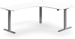 Výškovo nastaviteľný stôl FLEXUS, rohový, 1600x2000 mm, strieborný rám, biela