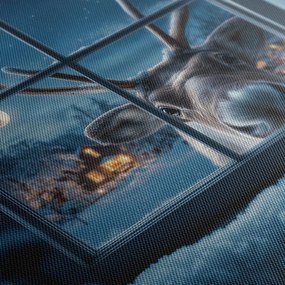 Vianočný obraz roztomilý sob za zasneženým oknom