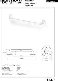 Bemeta Design HELP: Madlo, 800 mm, bez krytky, biela - 301100804