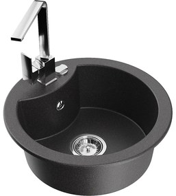 Mexen Diego, 1-komorový granitový drez 488x488x167 mm, chrómový sifón, chrómová matná batéria Rita, čierny škvrnitý, 6512-76-670300-00