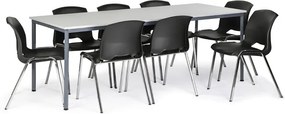 Stôl jedálenský, sivý 2000x800 + 8 stoličiek Cleo, čierna
