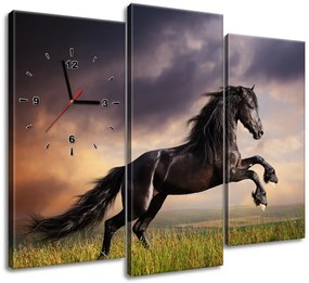 Gario Obraz s hodinami Silný čierny kôň - 3 dielny Rozmery: 90 x 70 cm