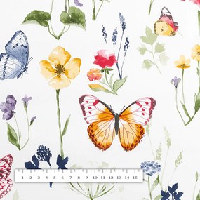PVC obrus Jarné kvietky s motýlikmi na bielom PV-097 - metráž š. 140 cm