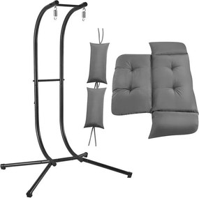 Závesné kreslo pre dvoch, sivé, s vankúšmi a podstavcom