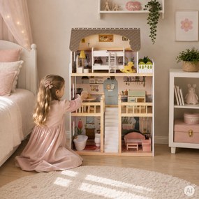 Drevený domček pre bábiky Laura, 3 poschodia, 5 izieb, 15 kusov nábytku, ECOTOYS