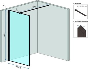 Bezrámová sprchová zastena REA BLER 80 cm + polica a vešiak EVO, čierna/transparent - bez vaničky
