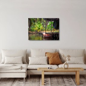 Sklenený obraz - Drevená loď na kanáli, Thajsko (70x50 cm)