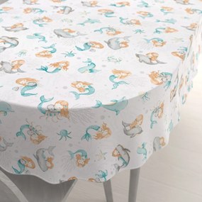 Biante Detský bavlnený oválny obrus Sandra SA-691 Modrozelené morské panny s delfínmi a veľrybami na bielom 80x120 cm