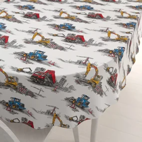 Biante Detský bavlnený oválny obrus Sandra SA-578 Nákladiaky a bagre na bielom 140x180 cm