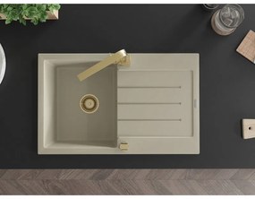 Mexen Bruno, drez granitový 795x495x200 mm, 1-komorový, béžová so zlatým sifónom a zlatou drezovou batériou Rita, 6513-69-670300-50