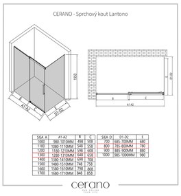 CERANO - Sprchovací kút Lantono L/P - 8 mm - čierna matná, grafitové sklo - 130x80 cm - posuvný, CER-CER-8050BD7524