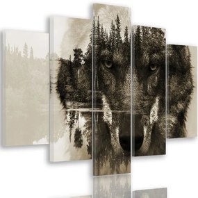 Obraz na plátně pětidílný Vlk SALONOU na pozadí přírodního lesa - 150x100 cm