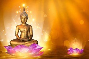 Samolepiaca tapeta socha Budhu na lotosovom kvete - 375x250