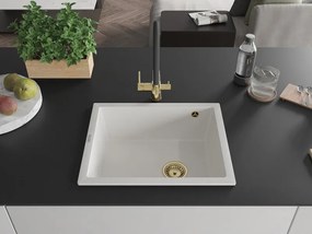 Mexen Pedro granitový kuchynský drez 1-komorový 560 x 460 mm, biely, zlatý sifón - 6508561000-20-G