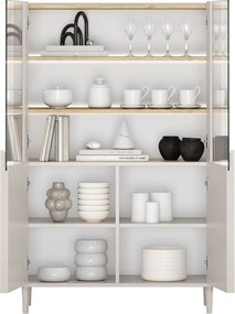 Vitrína Amilio 100 cm dvojdverová na nožičkách - kašmír / olejovaný dub / úchyty kašmír