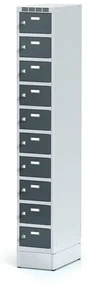 Alfa 3 Šatníková skrinka na sokli s úložnými boxami, 10 boxov, 1920 x 300 x 500 mm, otočný zámok, tmavosivé dvere