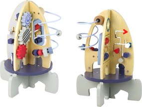 LEAN Toys Drevená edukačná hračka raketa s korálkami a ozubenými kolieskami