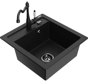 Mexen Vito, granitový drez 490x520x210 mm, 1-komorový a drezová batéria Carla, čierna, 6503-77-670700-70-B