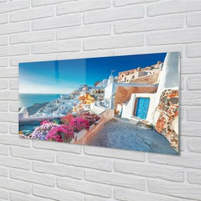 Sklenený obraz Budovy Grécko morské kvety 140x70 cm