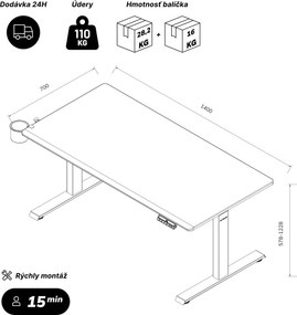 Elektrický stôl s nastaviteľnou výškou ergonomický biely,1400x700 mm: ARIA