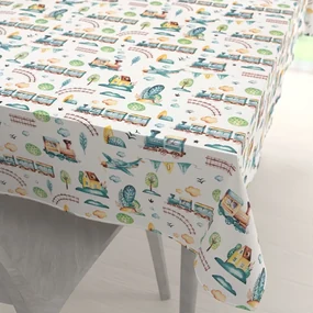 Biante Detský bavlnený obdĺžnikový obrus Sandra SA-659 Modré vláčiky s lietadielkami na bielom 120x200 cm