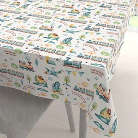 Biante Detský bavlnený obdĺžnikový obrus Sandra SA-659 Modré vláčiky s lietadielkami na bielom 60x100 cm