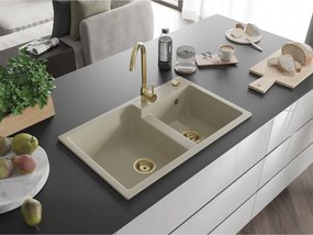 Mexen Tomas, granitový drez 800x500x190 mm, 2-komorový, béžová so zlatým sifónom, 6516802000-69-G