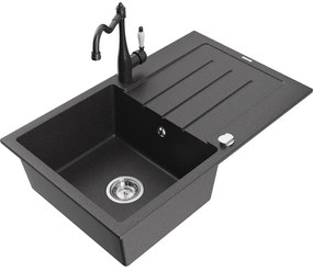 Mexen Bruno, granitový drez 795x495x200 mm, 1-komorový a drezová batéria Carla, čierna škvrnitá, 6513-76-670700-76