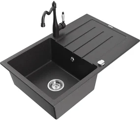Mexen Bruno, granitový drez 795x495x200 mm, 1-komorový a drezová batéria Carla, čierna škvrnitá, 6513-76-670700-76