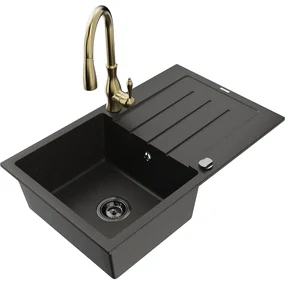 Mexen Bruno, 1-komorový granitový drez 795x495x200 mm a drezová batéria Savita, čierna-zlatá metalíza, 6513-75-672601-50-B