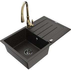 Mexen Bruno, 1-komorový granitový drez 795x495x200 mm a drezová batéria Savita, čierna-zlatá metalíza, 6513-75-672601-50-B