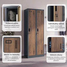 Dvojkomorová zamestnanecká skrinka antracitová, orech, 600x1800x500 mm: KACPER II Eco Design