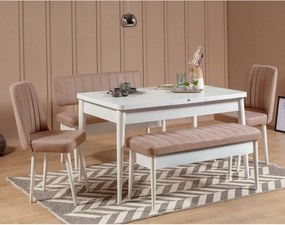Rozkladací jedálenský stôl 2 stoličky 2 lavice Vlasta (biela béžová)