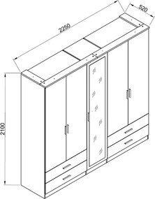 Šatníková skriňa so zrkadlom Savina 225 cm, dub artisan/šalviová
