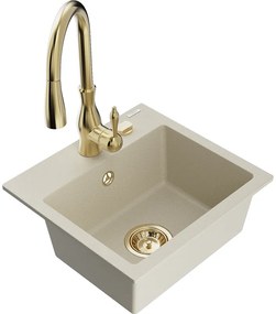 Mexen Milo, 1-komorový granitový drez 435x410x171 mm a drezová batéria Savita, béžová, 6505-69-672601-50