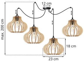 Závesné svietidlo Timber Spider 3, 4x drevené tienidlo
