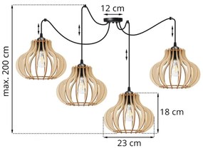 Závesné svietidlo TIMBER SPIDER 3, 4x drevené tienidlo