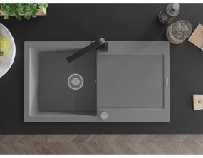 Mexen Leo, drez granitový 900x500x190 mm, 1-komorový, šedý s chrómovým sifónom a čierna drezová batéria Rita, 6501-71-670300-70
