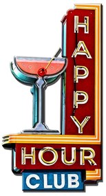 Červená kovová nástenná ceduľa Happy Hour Club - 32*1*60 cm
