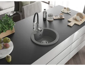 Mexen Diego, 1-komorový granitový drez 488x488x167 mm a drezová batéria Aster, šedá, 6512-71-73450-07