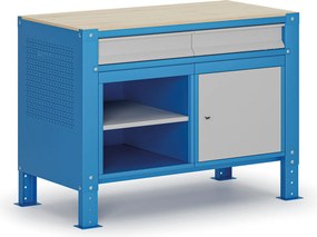 Dielenský stôl G9, 1 polica, 1 skrinka, 2 zásuvky, výškovo nastaviteľný, 1180 x 595 x 715-975 mm, sivá/modrá