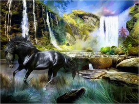 Fototapeta - Kôň na pozadí nebesky modrého vodopádu 350x270 + zadarmo lepidlo