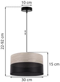Závesné svietidlo Wood, 1x svetlobéžová dubová dýha/čierne PVC tienidlo, (fi 30cm)