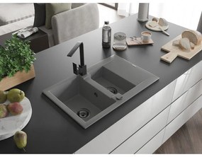 Mexen Gaspar, granitový drez 737x475x177 mm, 1,5-komorový a čierna batéria Rita, šedá, 6507-71-670300-70-B