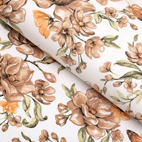 Biante Bavlnený behúň na stôl Sandra SA-458 Hnedé kvety magnólie s motýlikmi na bielom 45x140 cm