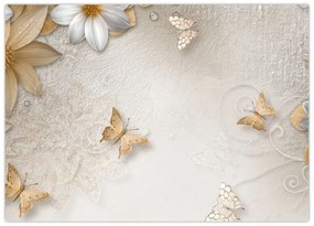 Sklenený obraz - Kvety s motýlikmi (70x50 cm)